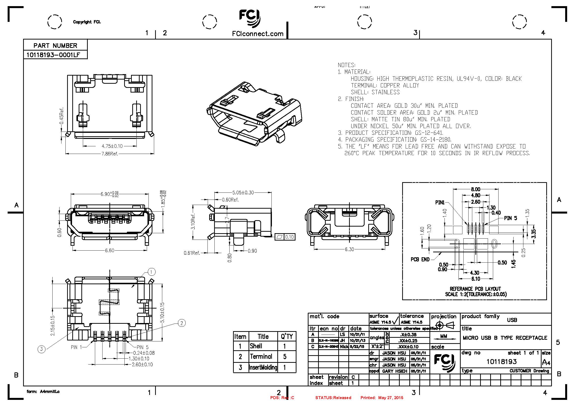 USB B Micro Buchse 5-polig - SMT/THT Montage Für PCB